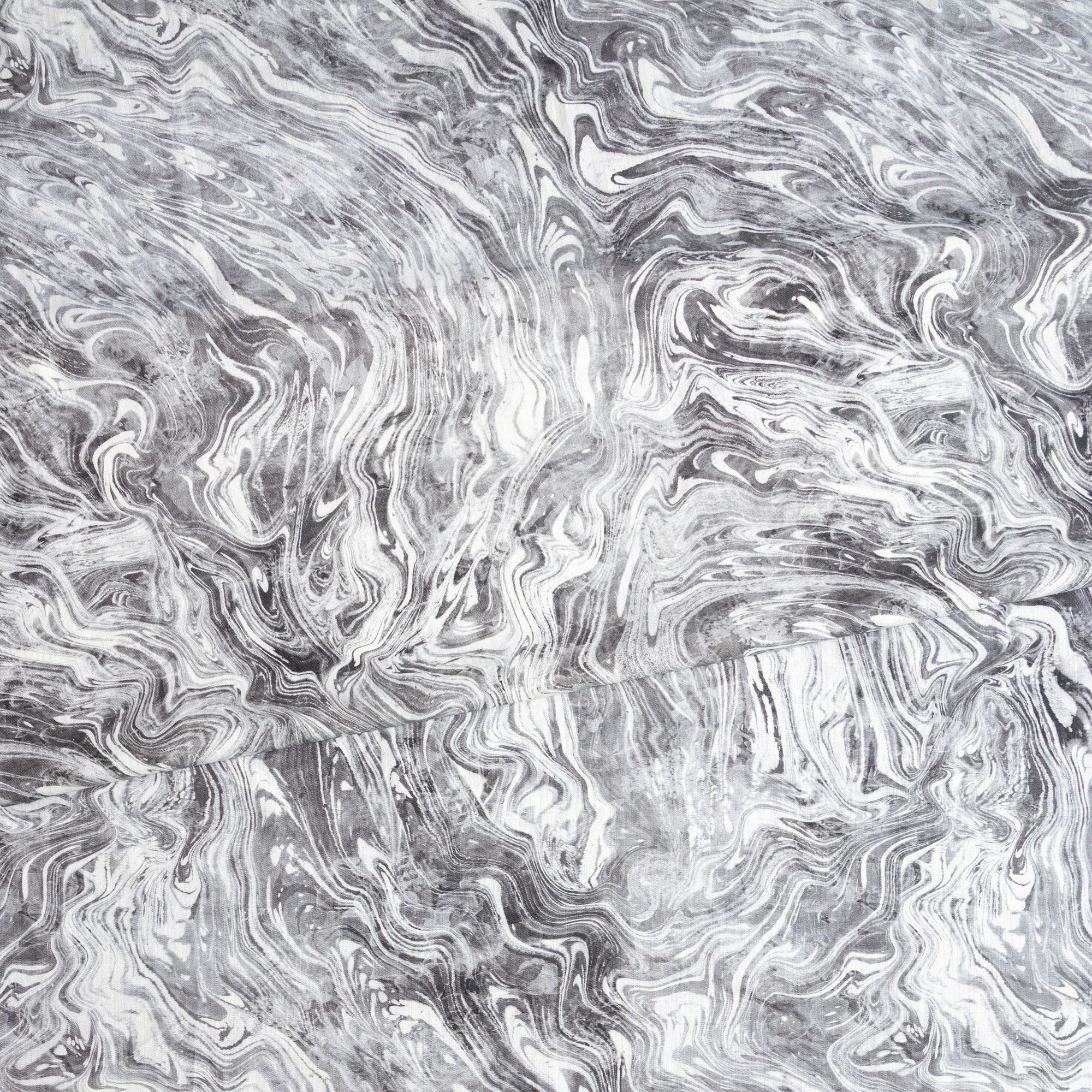 Gray and silver marbled abstract linen fabric by the yard, draped to show pattern and scale