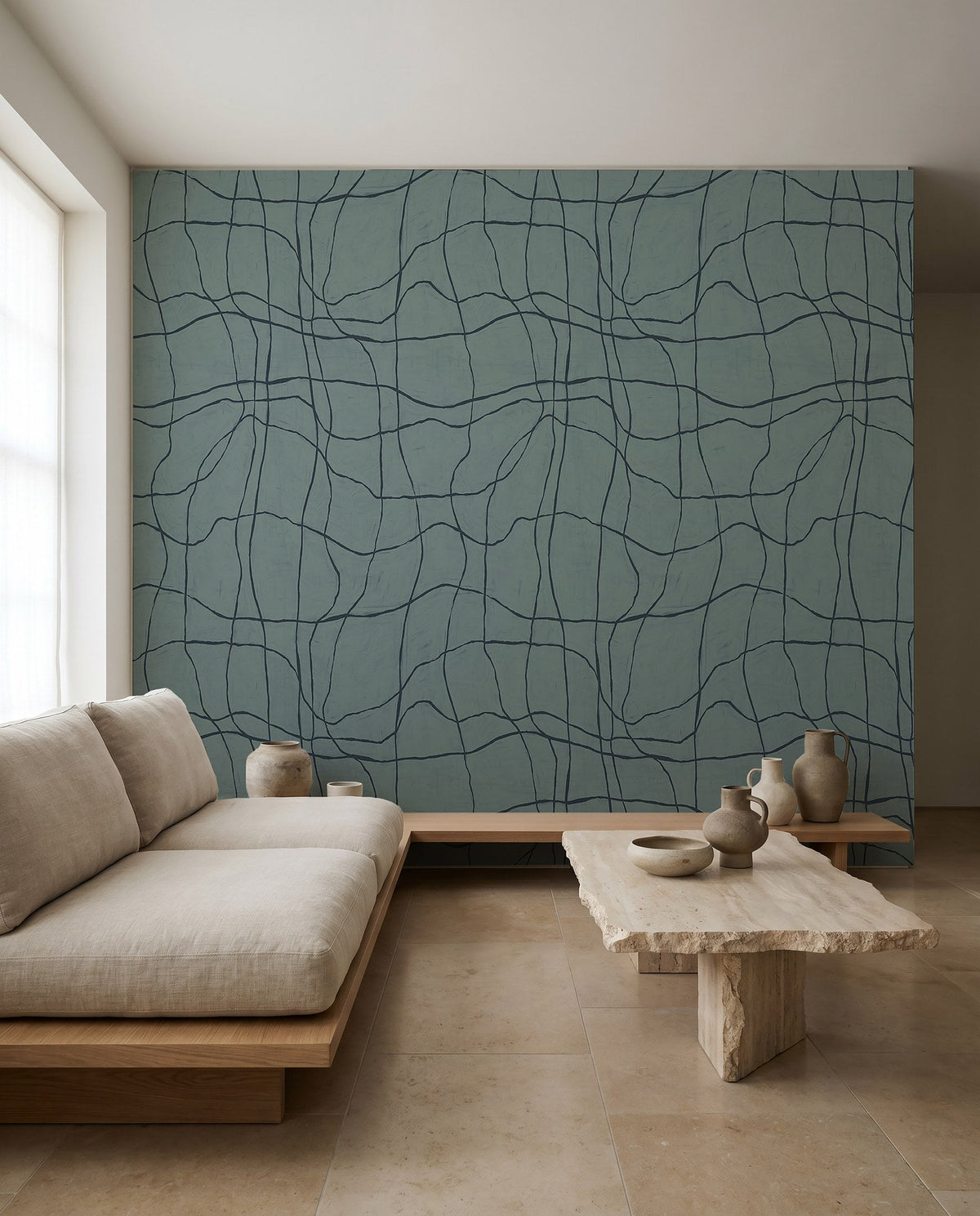 Charcoal hand-drawn grid on sage green commercial wallcovering installed in a minimalist living room