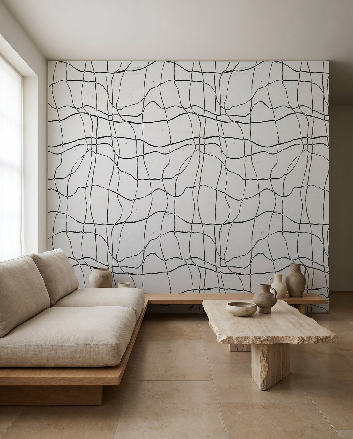 Black hand-drawn grid on white wallpaper installed in a minimalist living room