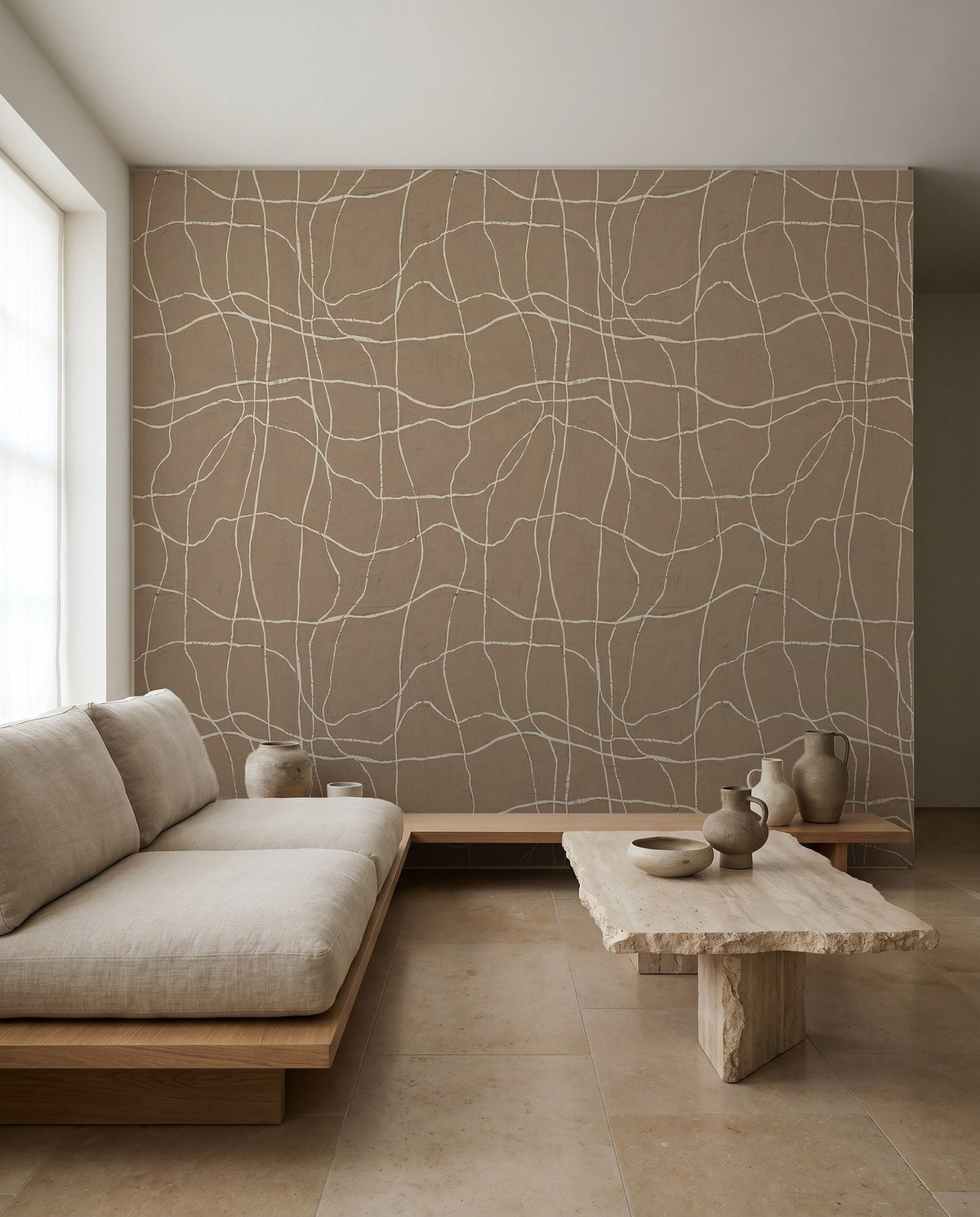 Cream hand-drawn grid on tan commercial wallcovering installed in a minimalist living room