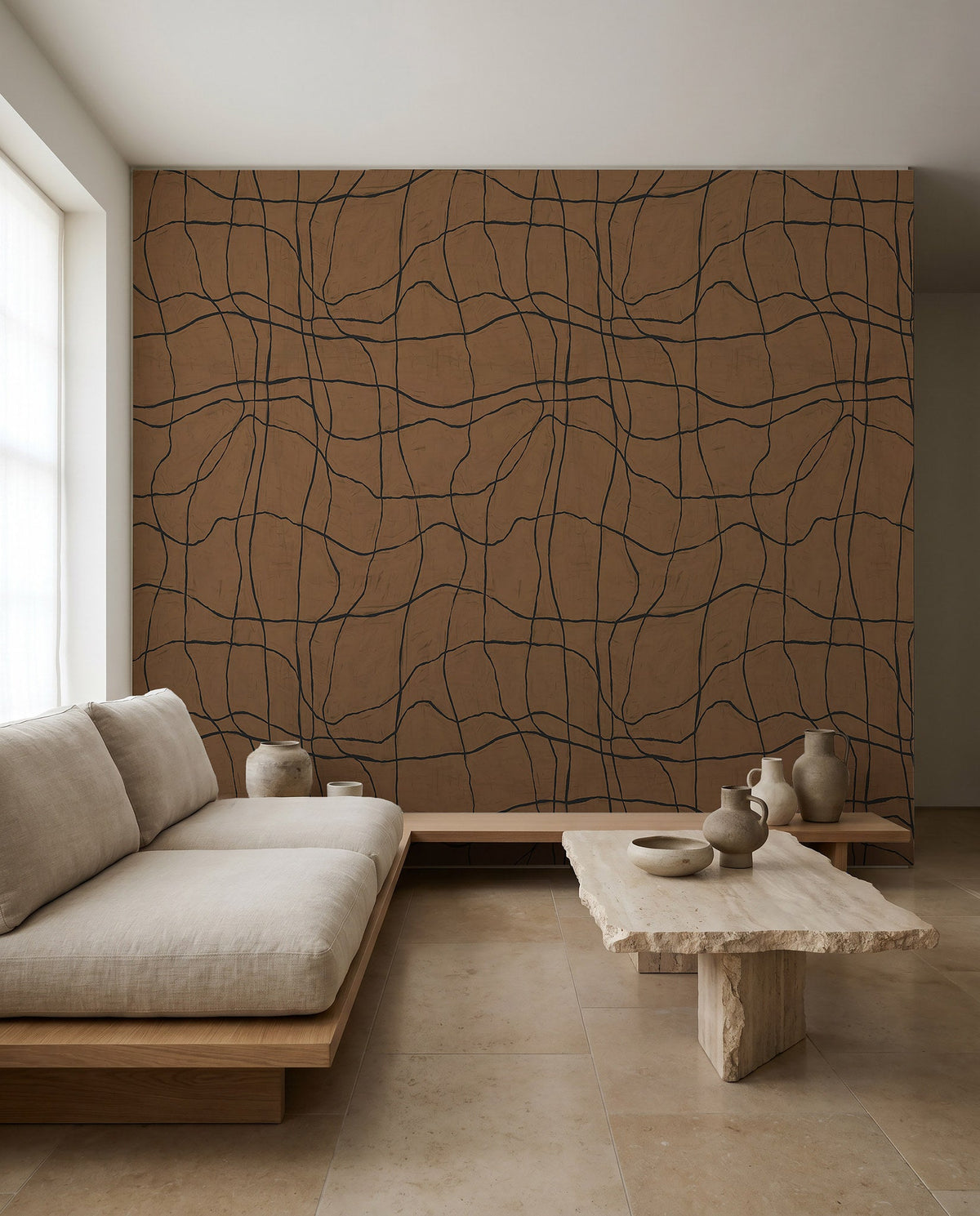 Black hand-drawn grid on brown wallpaper installed in a minimalist living room