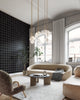 Luxury loft living room with white rug and modern sofa. Black and white square wallpaper