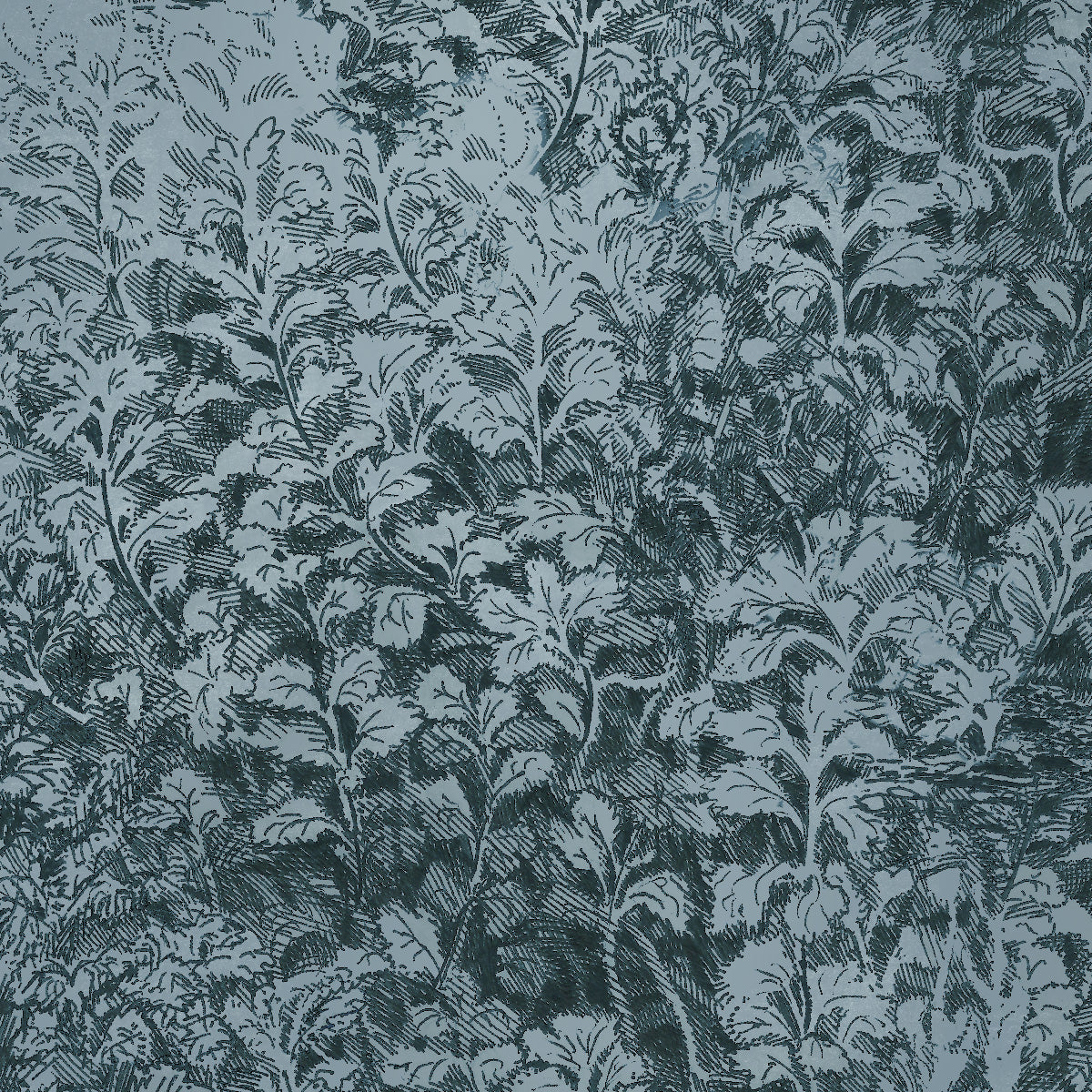 Blue wallpaper with an intricate botanical sketch in black, creating a rich and moody ambiance.
