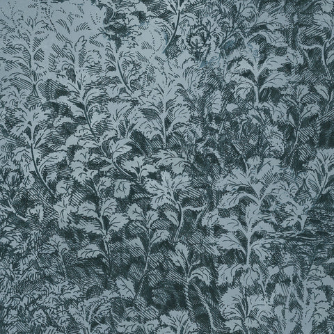 Blue wallpaper with an intricate botanical sketch in black, creating a rich and moody ambiance.