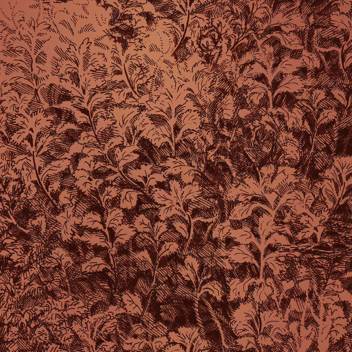Warm-toned botanical wallpaper featuring hand-drawn foliage in dark brown against a terracotta background, creating a vintage-inspired aesthetic.