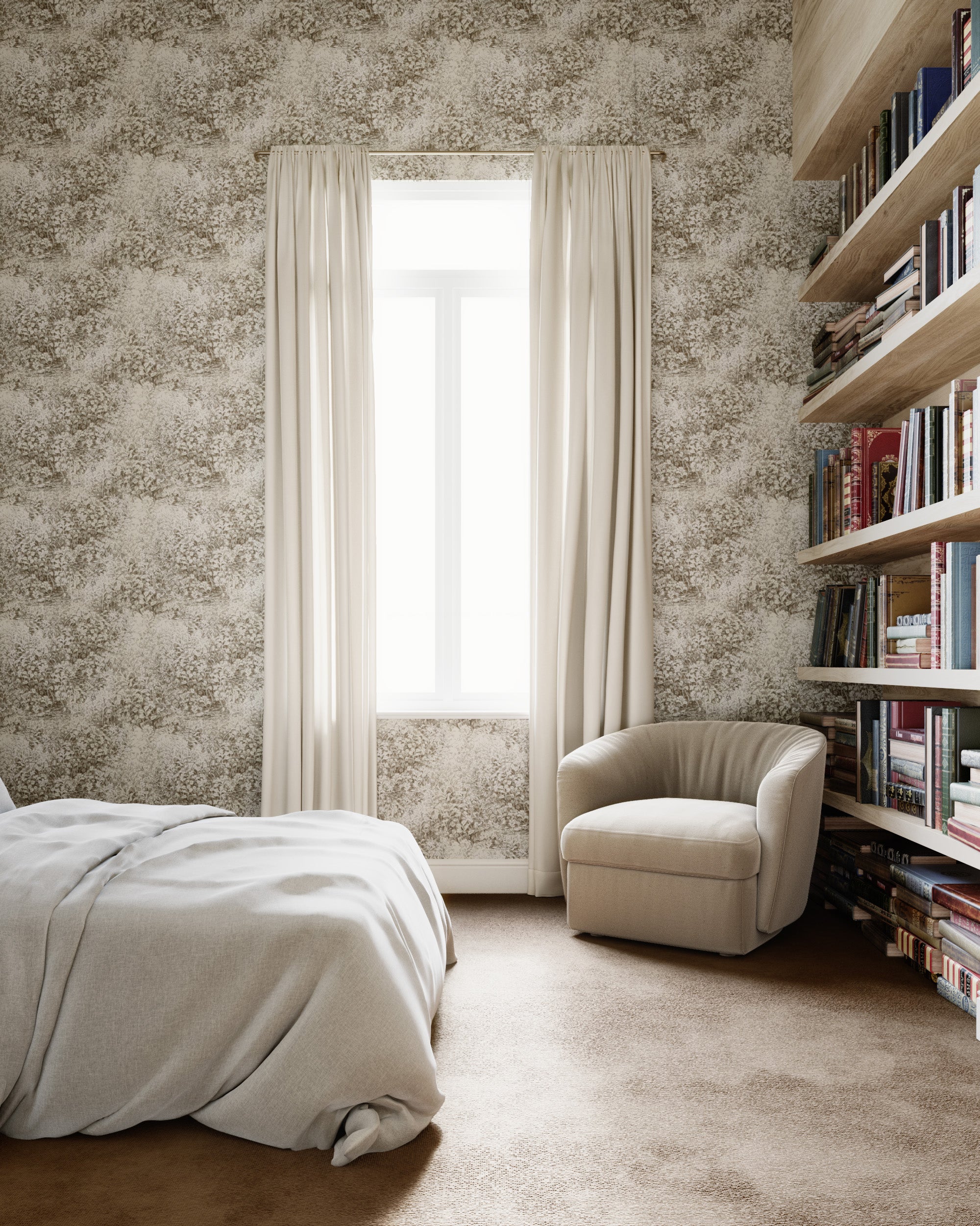 Serene bedroom featuring a soft taupe botanical wallpaper, paired with neutral bedding, a plush beige armchair, and wooden bookshelves for a tranquil, cozy retreat.