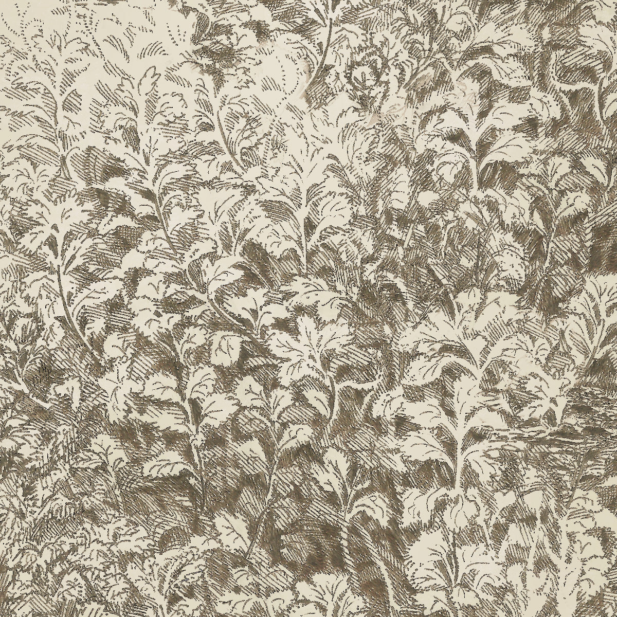Neutral-toned botanical wallpaper with a hand-sketched foliage pattern in earthy brown against a cream background, bringing a classic yet organic feel.