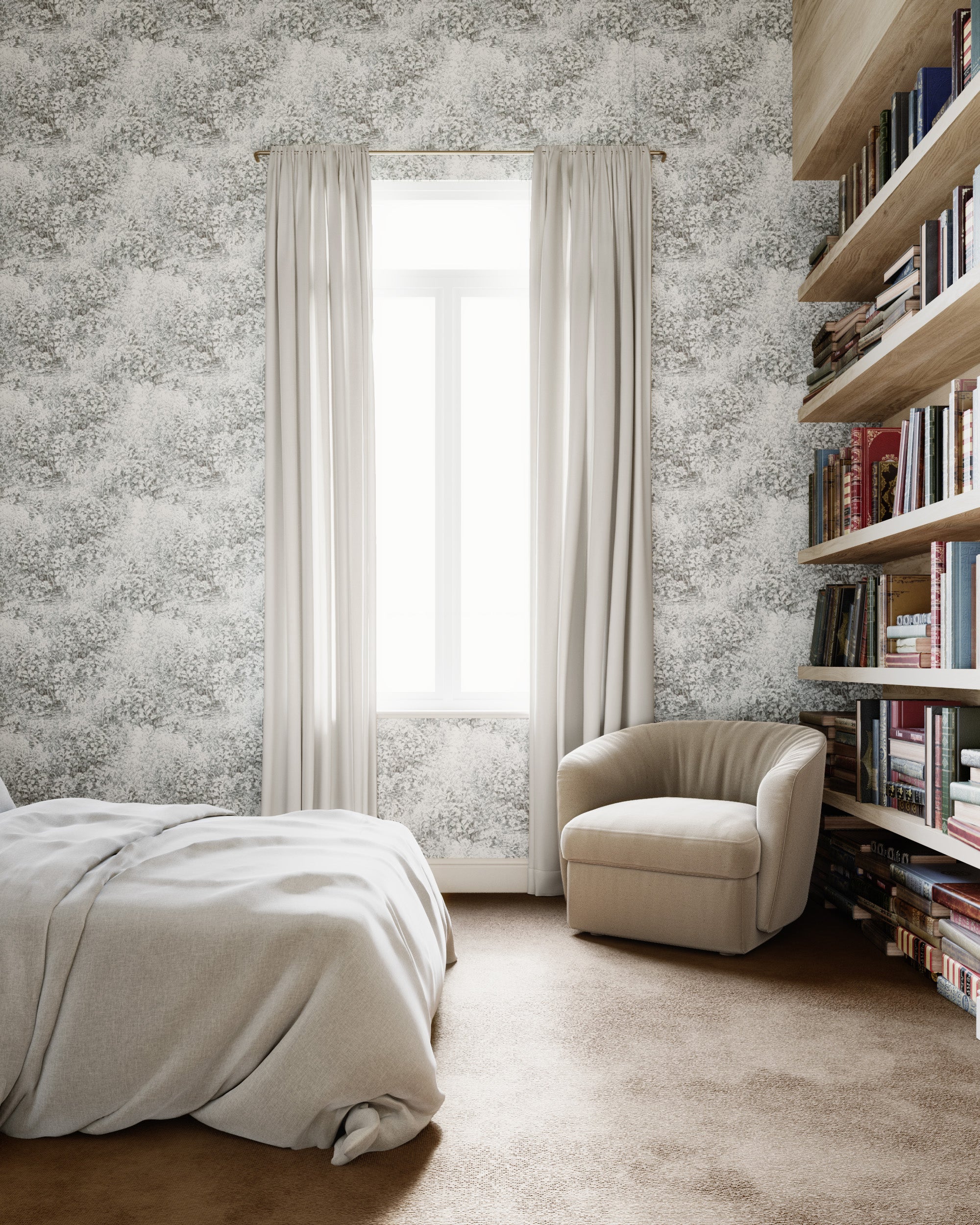 Cozy bedroom featuring a textured botanical wallpaper in white complemented by a neutral bedspread, cream-colored armchair, and built-in wooden bookshelves.