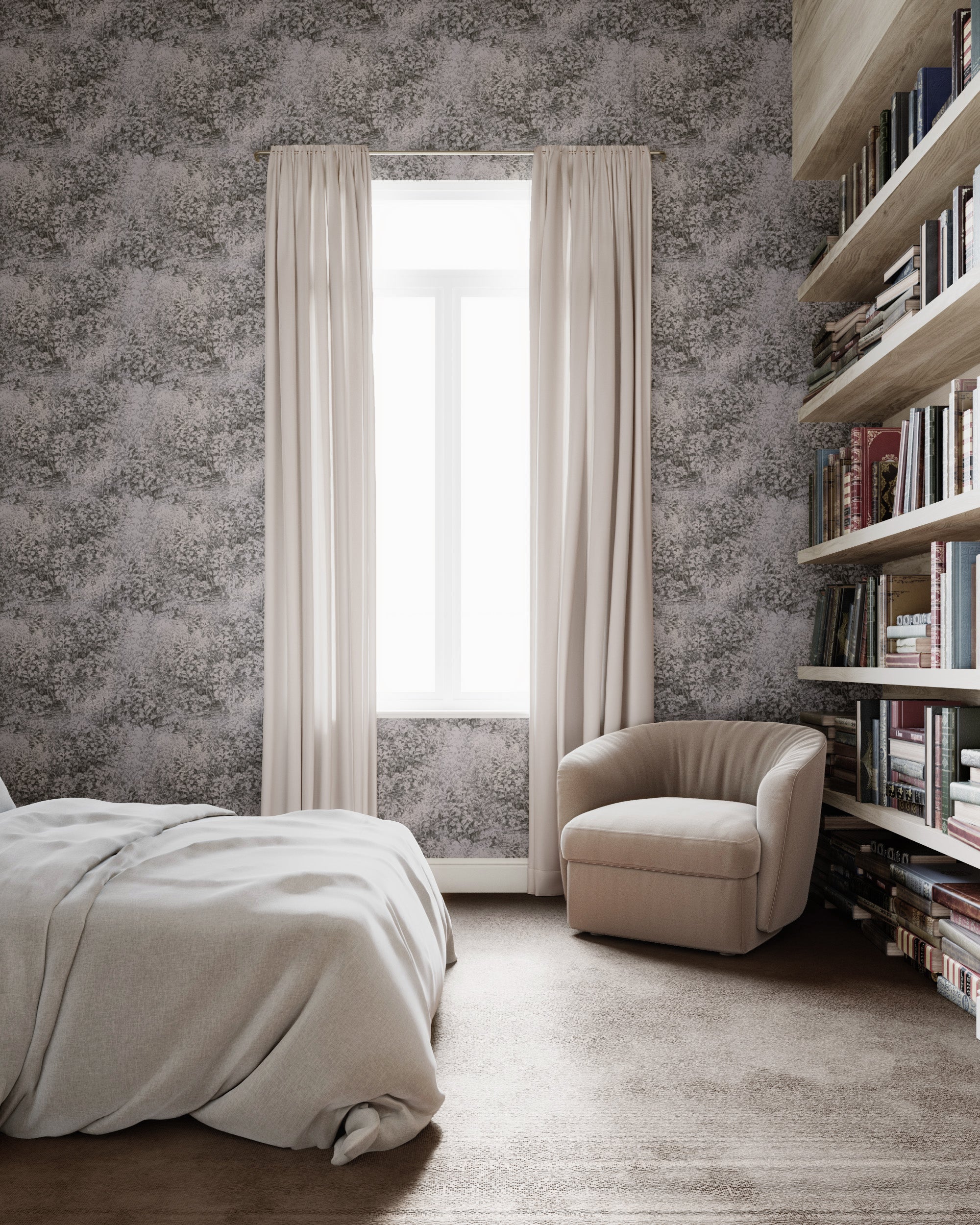 Serene bedroom featuring a soft purple botanical wallpaper, paired with neutral bedding, a plush beige armchair, and wooden bookshelves for a tranquil, cozy retreat.