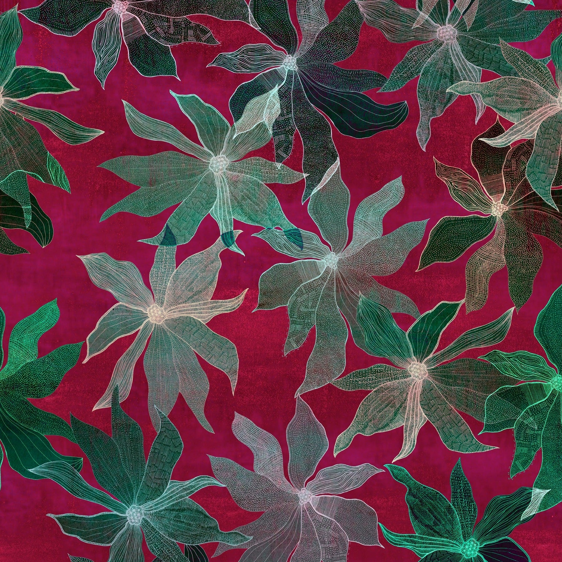 Purple floral wallpaper pattern with hand drawn flower details