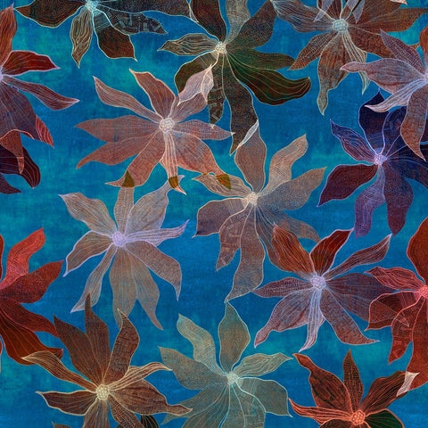 Abstract patterned blue floral wallpaper with overlapping multicolored flowers, creating a layered and textured effect.