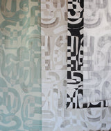 Down the Rabbit Hole Wallpaper Array in Opal, Sand, Metal, and Black and White Colors on Wall