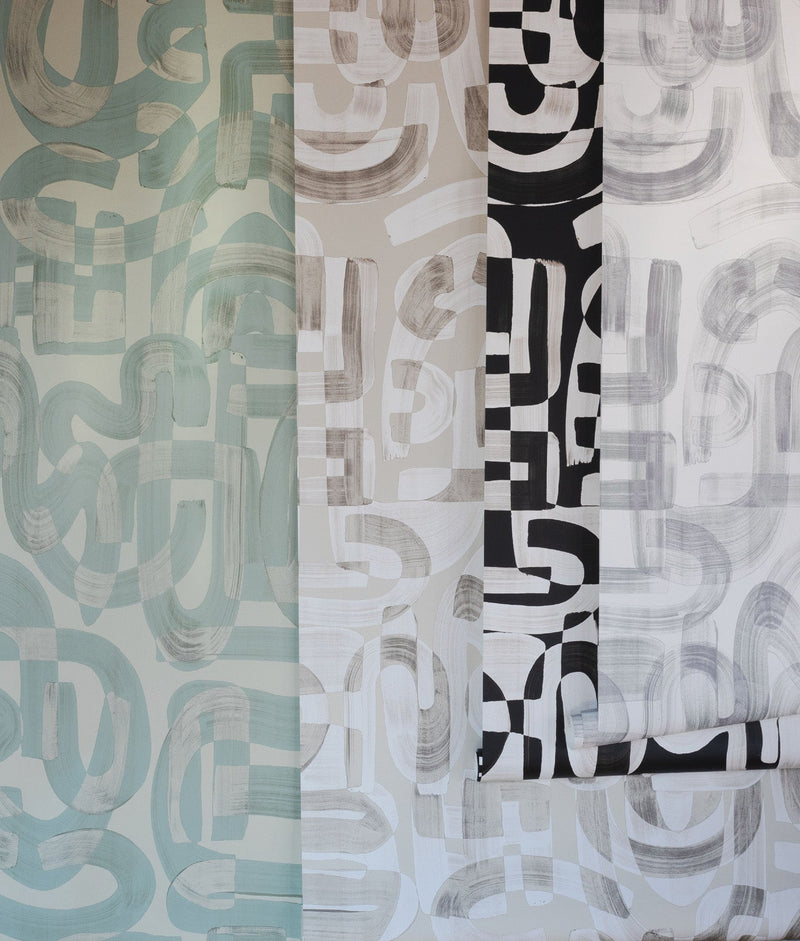 Down the Rabbit Hole Wallpaper Array in Opal, Sand, Metal, and Black and White Colors on Wall
