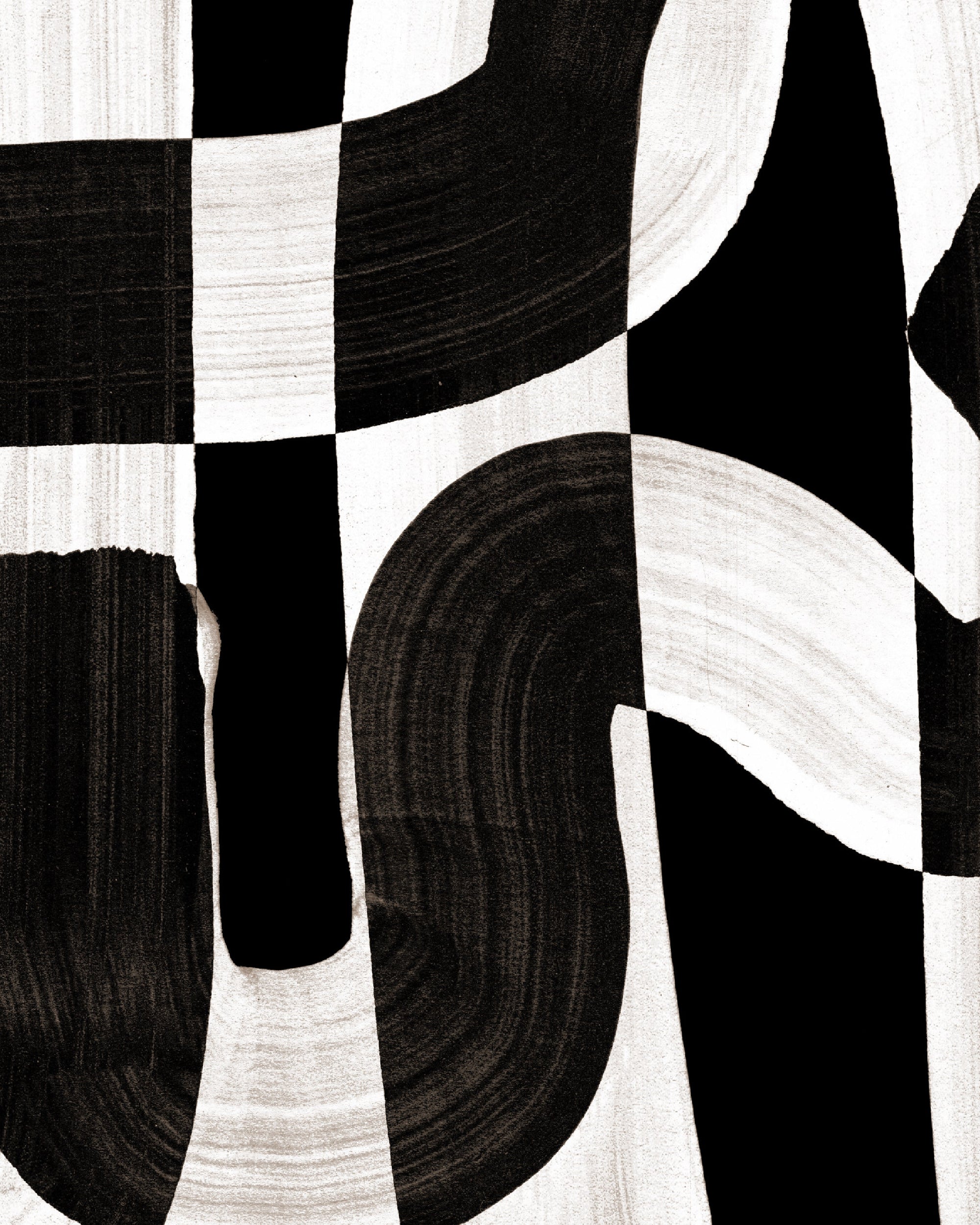 Extreme close-up of black and white wallpaper, highlighting the intricate brushstroke details and bold contrast.