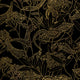 A close-up of wallpaper with a black background and gold botanical illustrations, including detailed plant life and snakes in an intricate, nature-inspired design