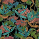 A wallpaper pattern featuring a dark botanical design with snakes, pink flowers, and green leaves on a deep black background, creating a dramatic, nature-inspired look.